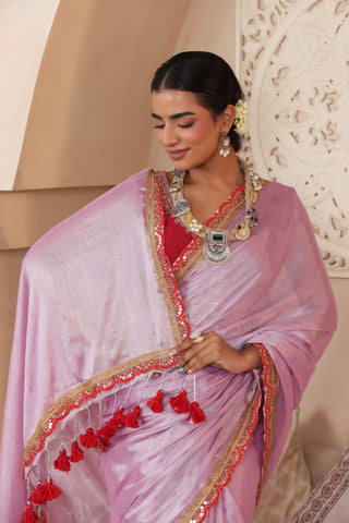 PINK LUSTROUS TISSUE SAREE WITH BEAUTIFUL LACE WORK