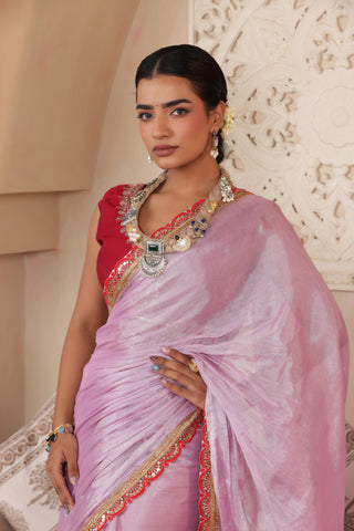 PINK LUSTROUS TISSUE SAREE WITH BEAUTIFUL LACE WORK