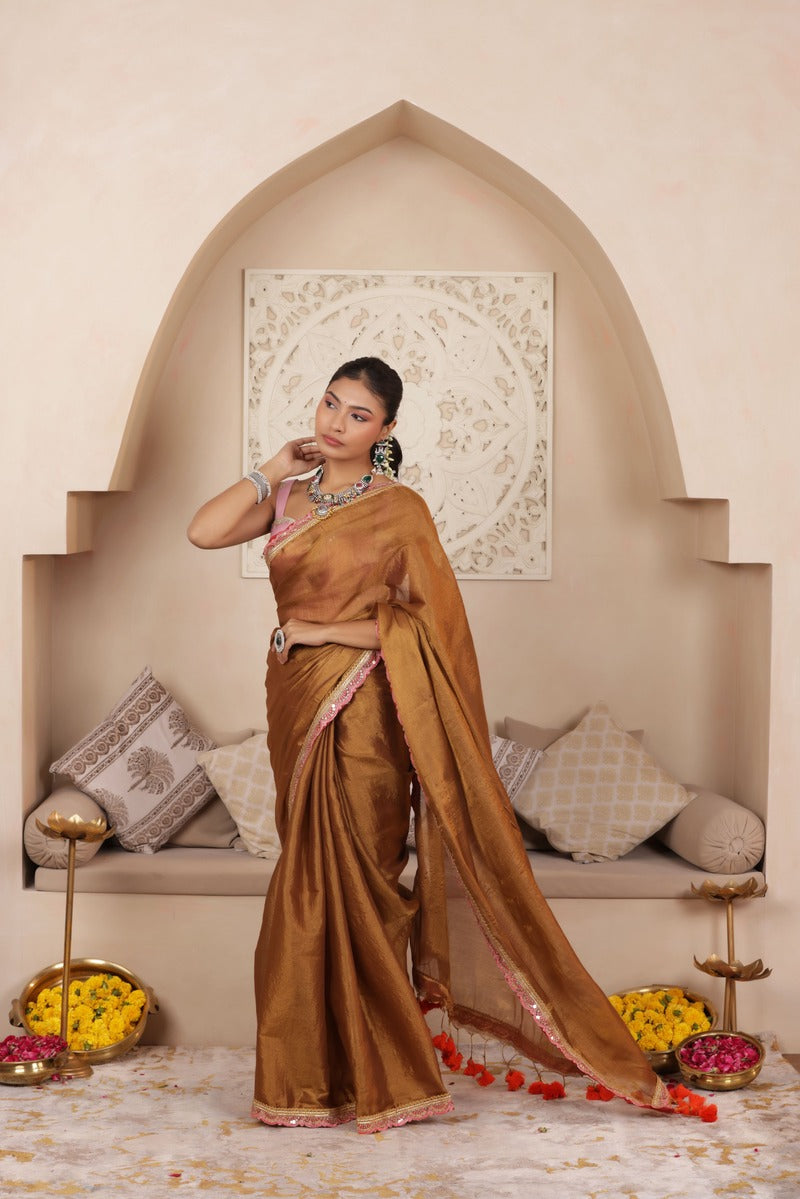 BROWN SERENITY LUSTROUS TISSUE SAREE WITH INTRICATE LACE ACCENTS