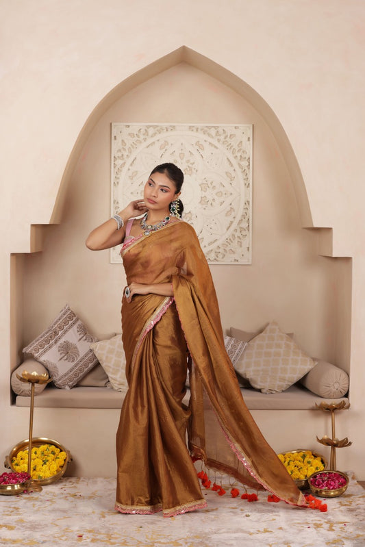 BROWN SERENITY LUSTROUS TISSUE SAREE WITH INTRICATE LACE ACCENTS