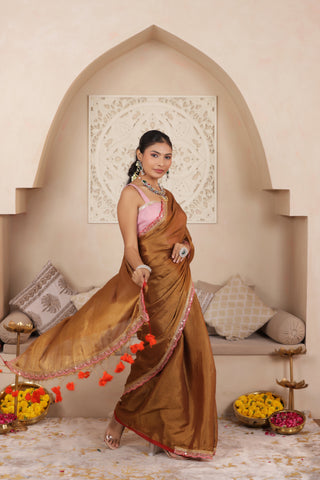 BROWN SERENITY LUSTROUS TISSUE SAREE WITH INTRICATE LACE ACCENTS