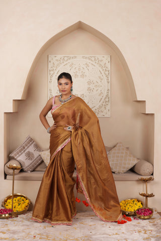 BROWN SERENITY LUSTROUS TISSUE SAREE WITH INTRICATE LACE ACCENTS