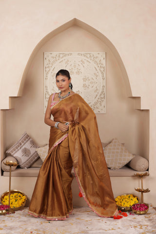 BROWN SERENITY LUSTROUS TISSUE SAREE WITH INTRICATE LACE ACCENTS