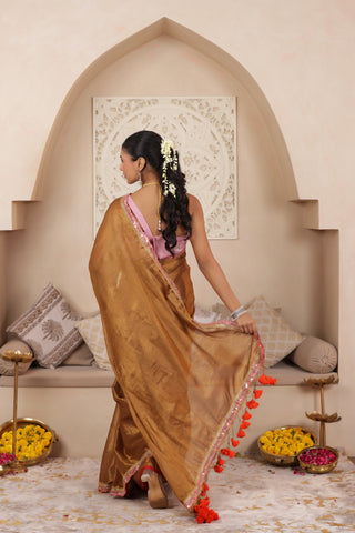 BROWN SERENITY LUSTROUS TISSUE SAREE WITH INTRICATE LACE ACCENTS