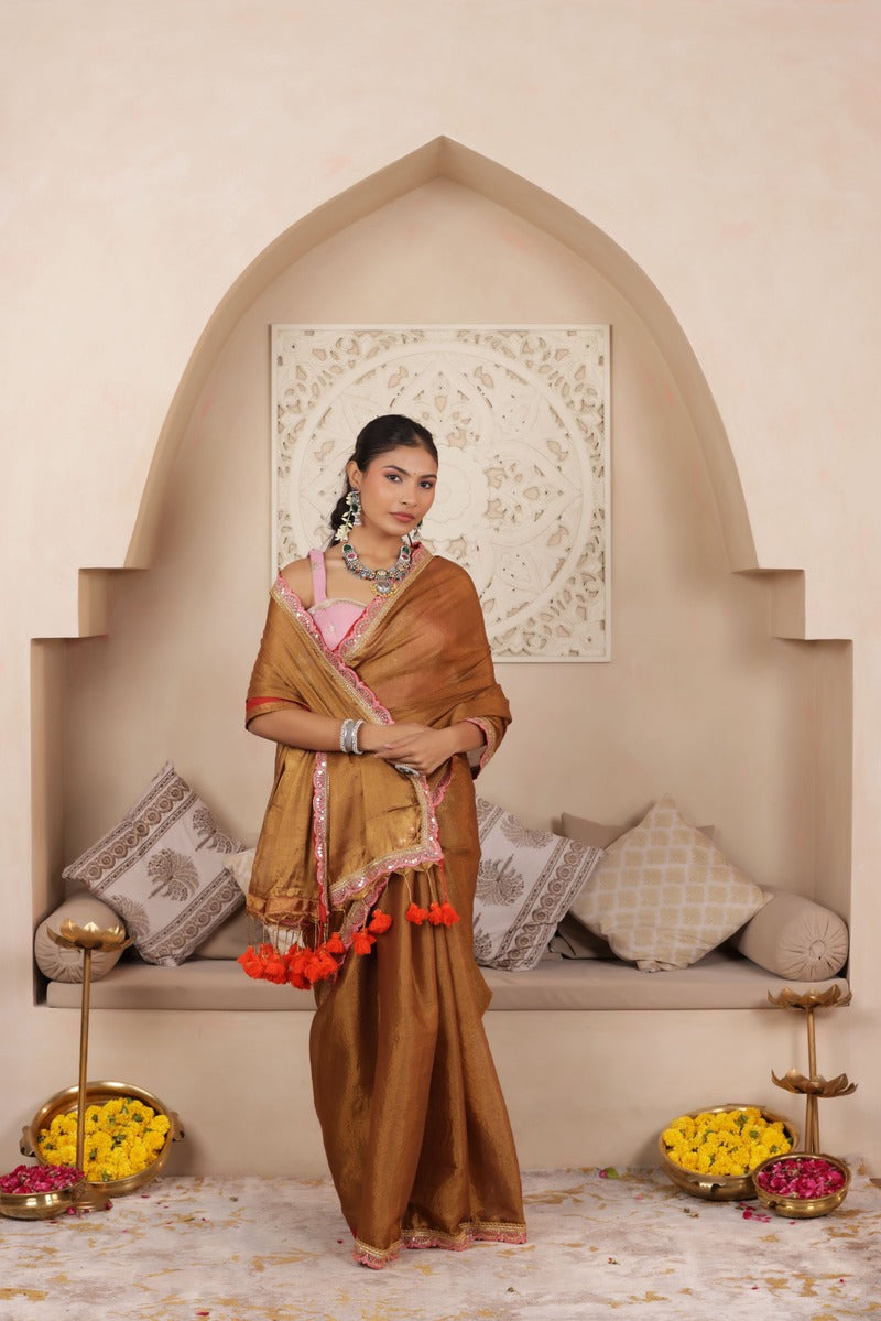 BROWN SERENITY LUSTROUS TISSUE SAREE WITH INTRICATE LACE ACCENTS