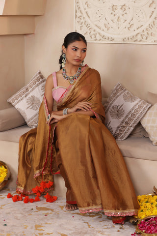 BROWN SERENITY LUSTROUS TISSUE SAREE WITH INTRICATE LACE ACCENTS
