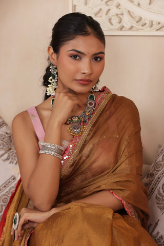 BROWN SERENITY LUSTROUS TISSUE SAREE WITH INTRICATE LACE ACCENTS