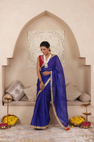 BLUE ELEGANCE LUSTROUS TISSUE SAREE WITH DELICATE LACE DETAILING
