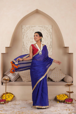 BLUE ELEGANCE LUSTROUS TISSUE SAREE WITH DELICATE LACE DETAILING
