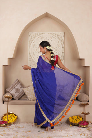 BLUE ELEGANCE LUSTROUS TISSUE SAREE WITH DELICATE LACE DETAILING