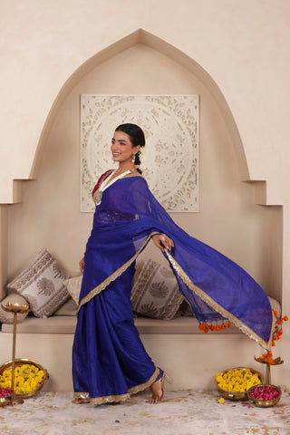 BLUE ELEGANCE LUSTROUS TISSUE SAREE WITH DELICATE LACE DETAILING