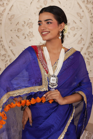 BLUE ELEGANCE LUSTROUS TISSUE SAREE WITH DELICATE LACE DETAILING