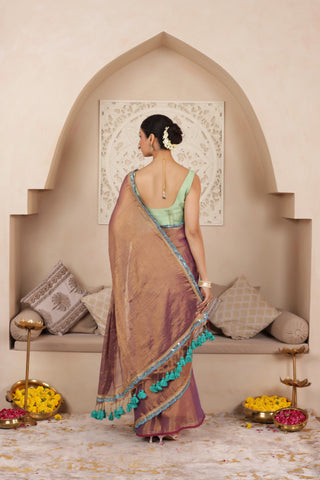 LUSTROUS TISSUE SAREE IN VIOLET WITH BLUE DETAILED WITH BEAUTIFUL LACE WORK