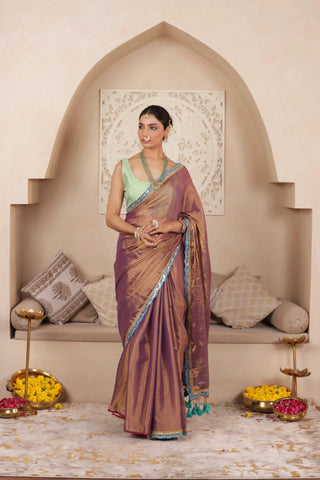 LUSTROUS TISSUE SAREE IN VIOLET WITH BLUE DETAILED WITH BEAUTIFUL LACE WORK