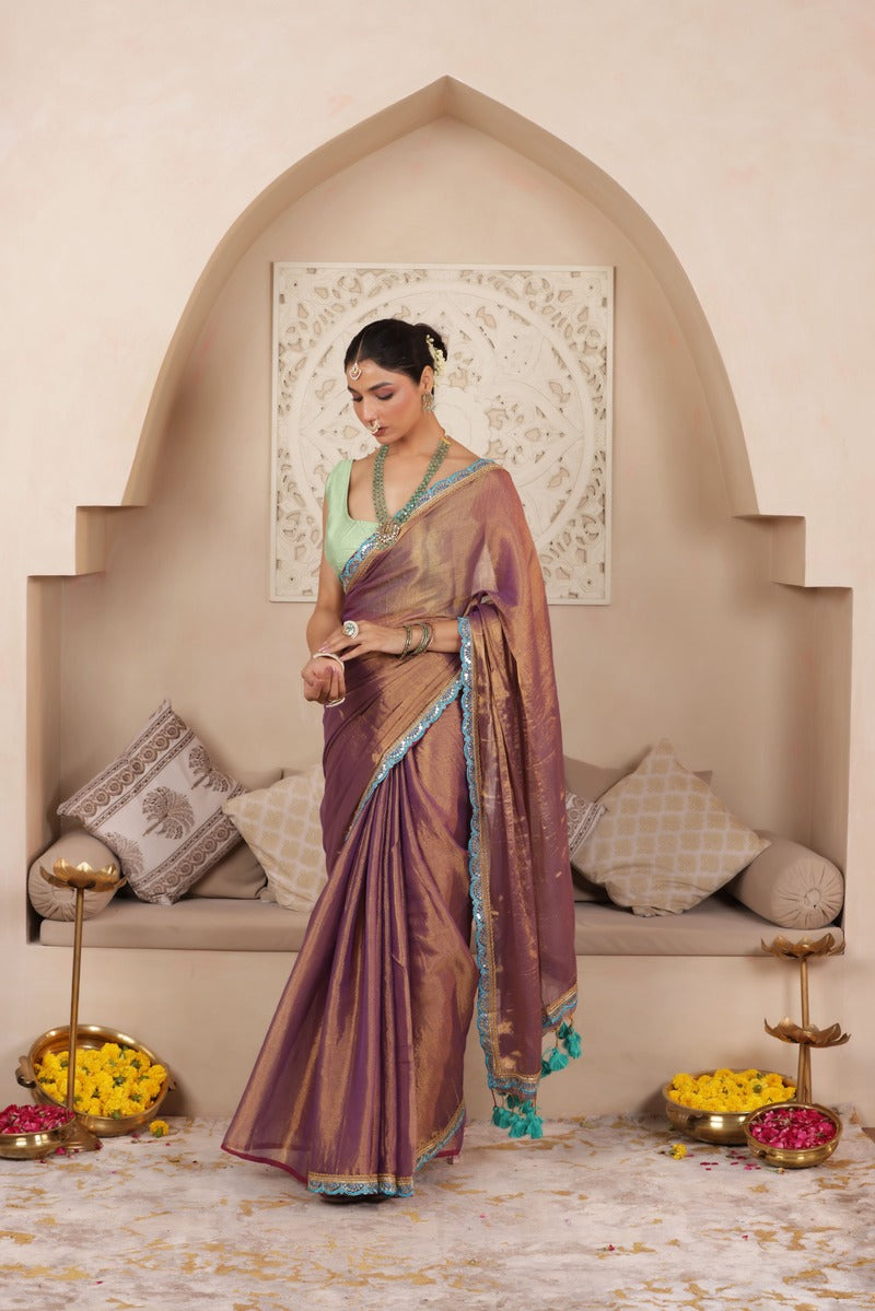 LUSTROUS TISSUE SAREE IN VIOLET WITH BLUE DETAILED WITH BEAUTIFUL LACE WORK