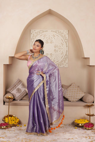 LUSTROUS LAVENDER TISSUE KADHI SAREE WITH INTRICATE LACE EMBELLISHMENT