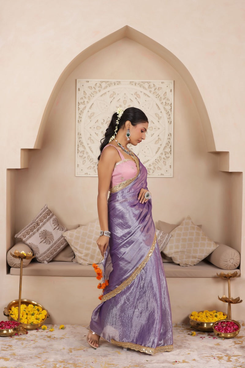 LUSTROUS LAVENDER TISSUE KADHI SAREE WITH INTRICATE LACE EMBELLISHMENT