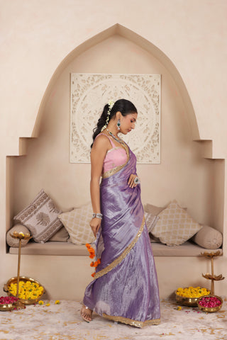LUSTROUS LAVENDER TISSUE KADHI SAREE WITH INTRICATE LACE EMBELLISHMENT
