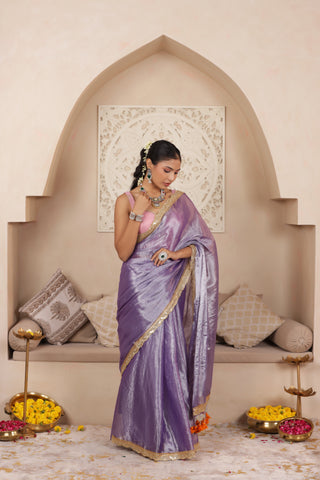 LUSTROUS LAVENDER TISSUE KADHI SAREE WITH INTRICATE LACE EMBELLISHMENT