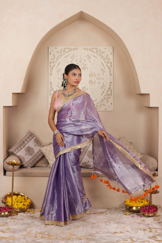LUSTROUS LAVENDER TISSUE KADHI SAREE WITH INTRICATE LACE EMBELLISHMENT