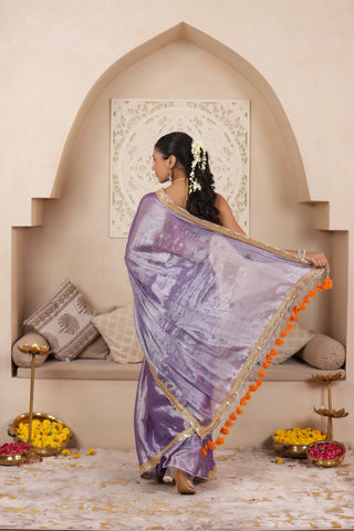 LUSTROUS LAVENDER TISSUE KADHI SAREE WITH INTRICATE LACE EMBELLISHMENT