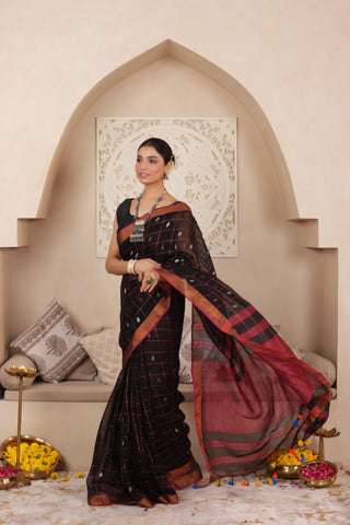 CLASSIC BROWN CHARM HANDWOVEN LINEN BUTTA CHECKS DRAPE