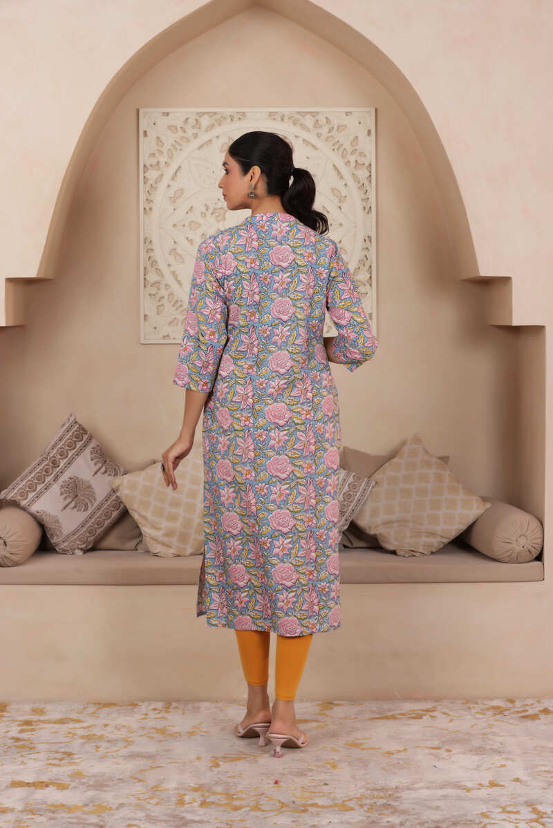 ELEGANT HANDCRAFTED COTTON KURTI WITH COLLAR NECKLINE IN BLUE COLOUR