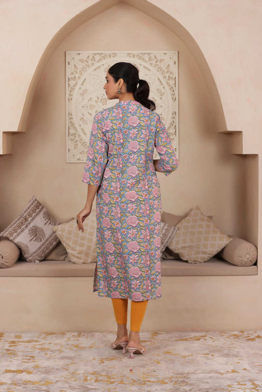 ELEGANT HANDCRAFTED COTTON KURTI WITH COLLAR NECKLINE IN BLUE COLOUR