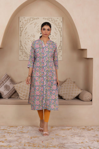 ELEGANT HANDCRAFTED COTTON KURTI WITH COLLAR NECKLINE IN BLUE COLOUR