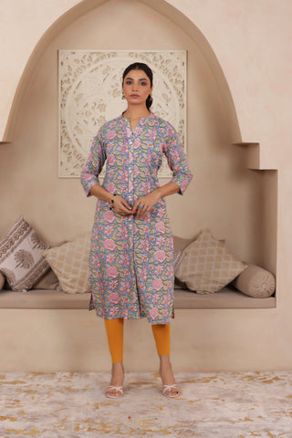 ELEGANT HANDCRAFTED COTTON KURTI WITH COLLAR NECKLINE IN BLUE COLOUR