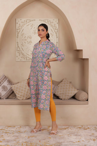 ELEGANT HANDCRAFTED COTTON KURTI WITH COLLAR NECKLINE IN BLUE COLOUR