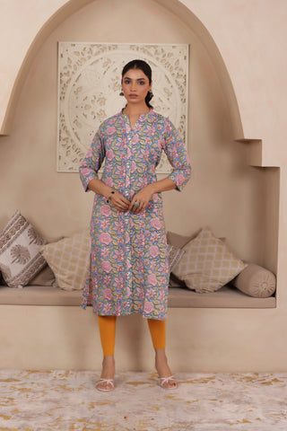 ELEGANT HANDCRAFTED COTTON KURTI WITH COLLAR NECKLINE IN BLUE COLOUR