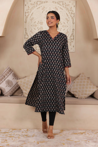 ELEGANT BLACK COLOUR PURE AJRAK COTTON EVERYDAY KURTI