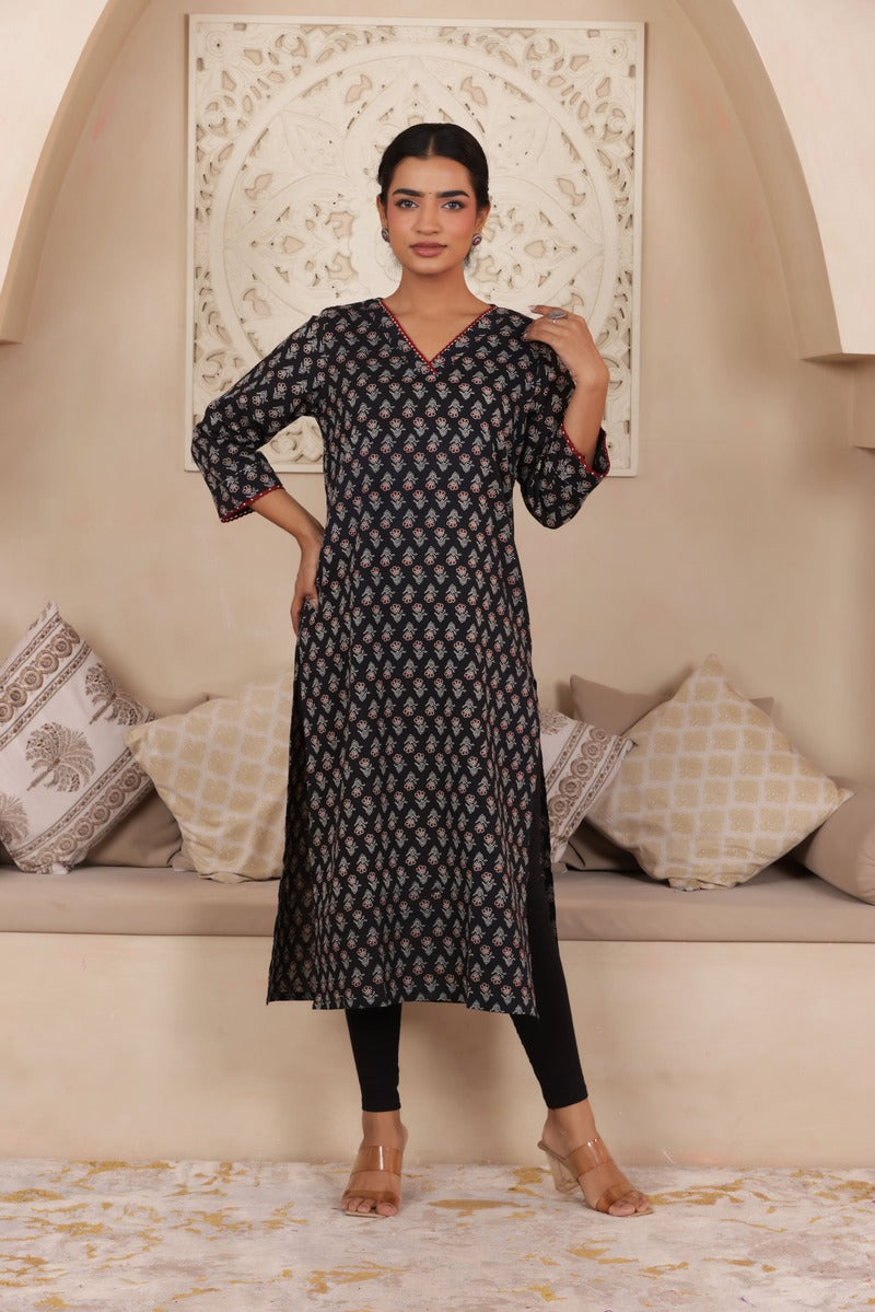 ELEGANT BLACK COLOUR PURE AJRAK COTTON EVERYDAY KURTI