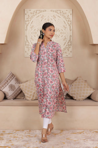 ELEGANT HANDCRAFTED COTTON KURTI WITH COLLAR NECKLINE IN WHITE COLOUR