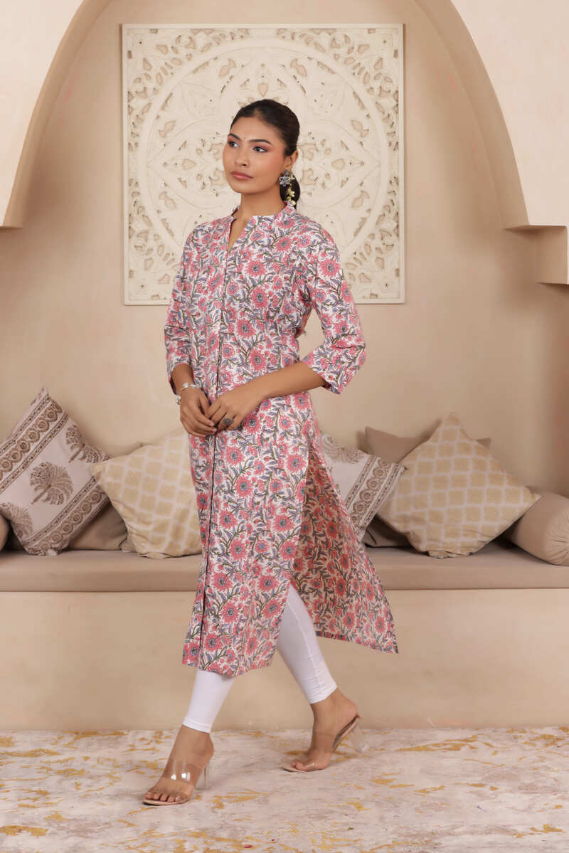 ELEGANT HANDCRAFTED COTTON KURTI WITH COLLAR NECKLINE IN WHITE COLOUR