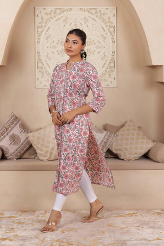 ELEGANT HANDCRAFTED COTTON KURTI WITH COLLAR NECKLINE IN WHITE COLOUR