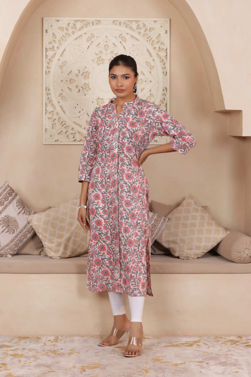 ELEGANT HANDCRAFTED COTTON KURTI WITH COLLAR NECKLINE IN WHITE COLOUR