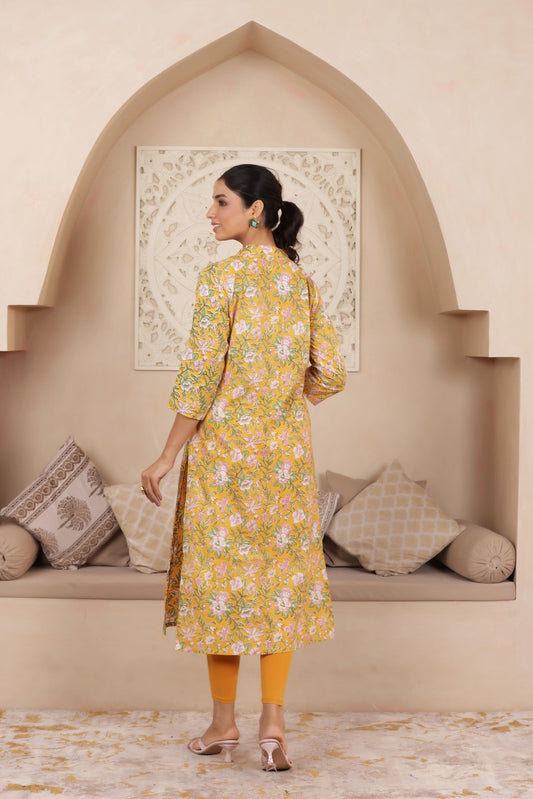 ELEGANT HANDCRAFTED COTTON KURTI WITH COLLAR NECKLINE IN YELLOW COLOUR