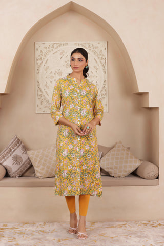 ELEGANT HANDCRAFTED COTTON KURTI WITH COLLAR NECKLINE IN YELLOW COLOUR
