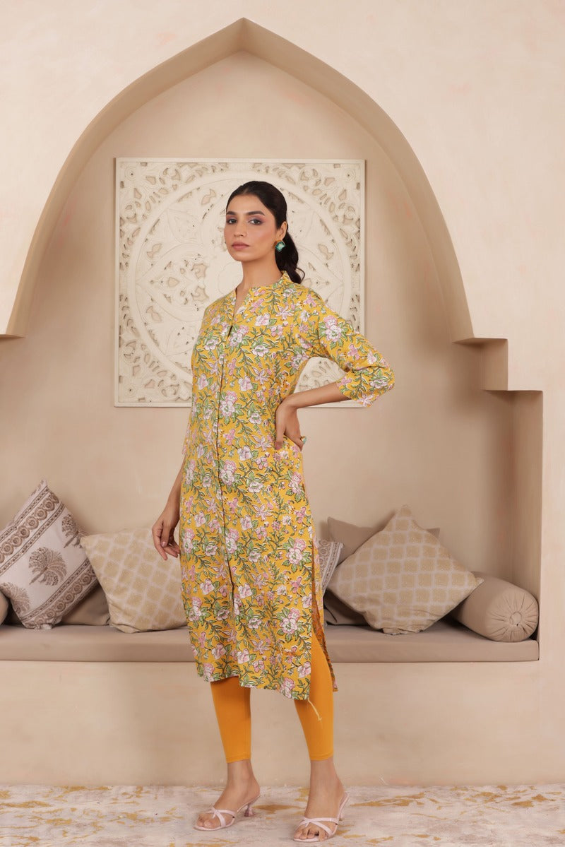 ELEGANT HANDCRAFTED COTTON KURTI WITH COLLAR NECKLINE IN YELLOW COLOUR