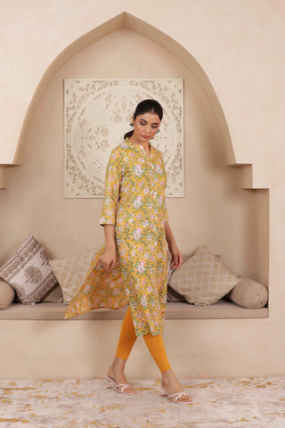 ELEGANT HANDCRAFTED COTTON KURTI WITH COLLAR NECKLINE IN YELLOW COLOUR