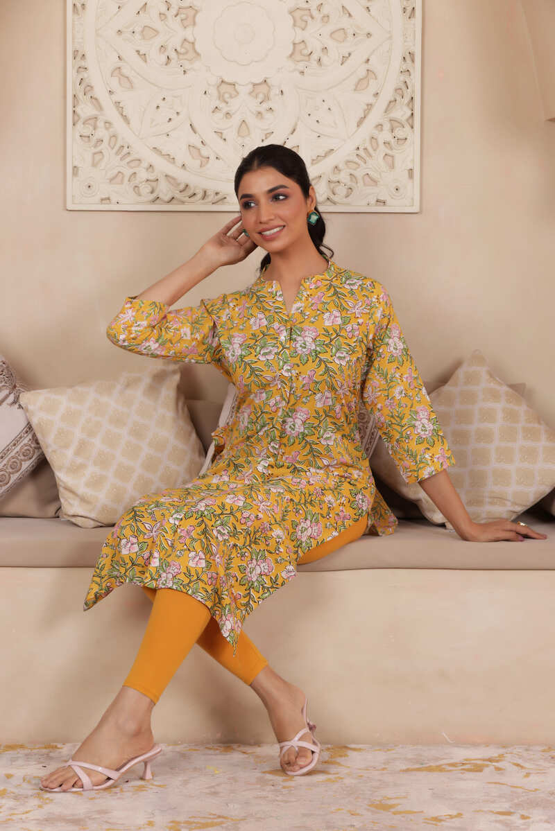ELEGANT HANDCRAFTED COTTON KURTI WITH COLLAR NECKLINE IN YELLOW COLOUR