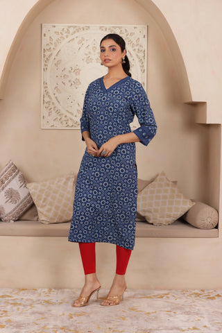 ELEGANT INDIGO COLOUR PURE AJRAK COTTON EVERYDAY KURTI