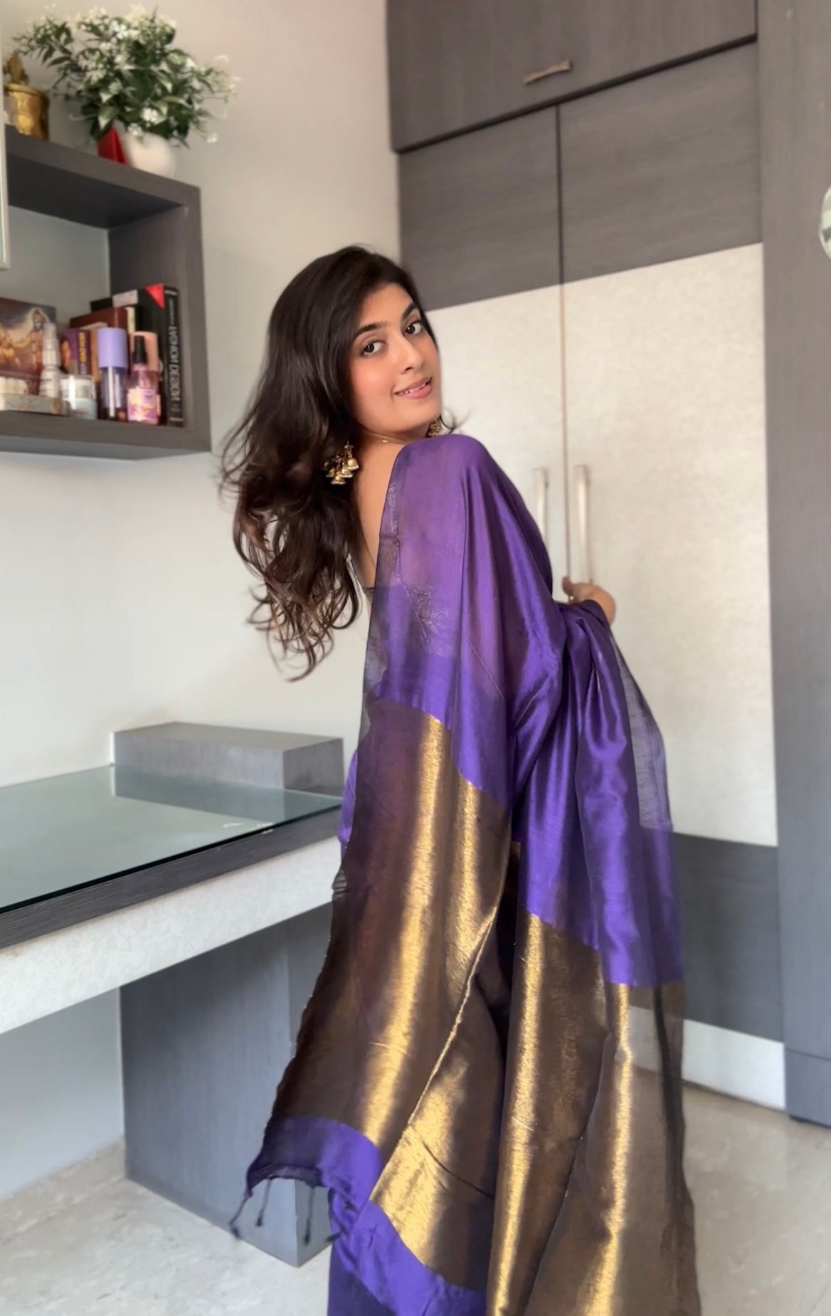 KHADI BRONZE GLOW VIOLET KHADI SAREE WITH BRONZE TONED PALLU